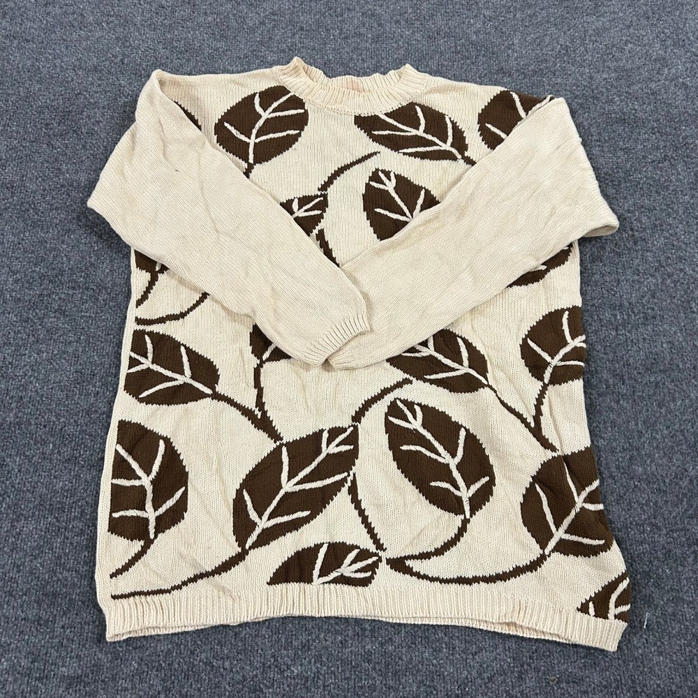 Liz & Co. Sweater Womens Size S Cotton Cream Brown Leaf Pattern Vintage Knit